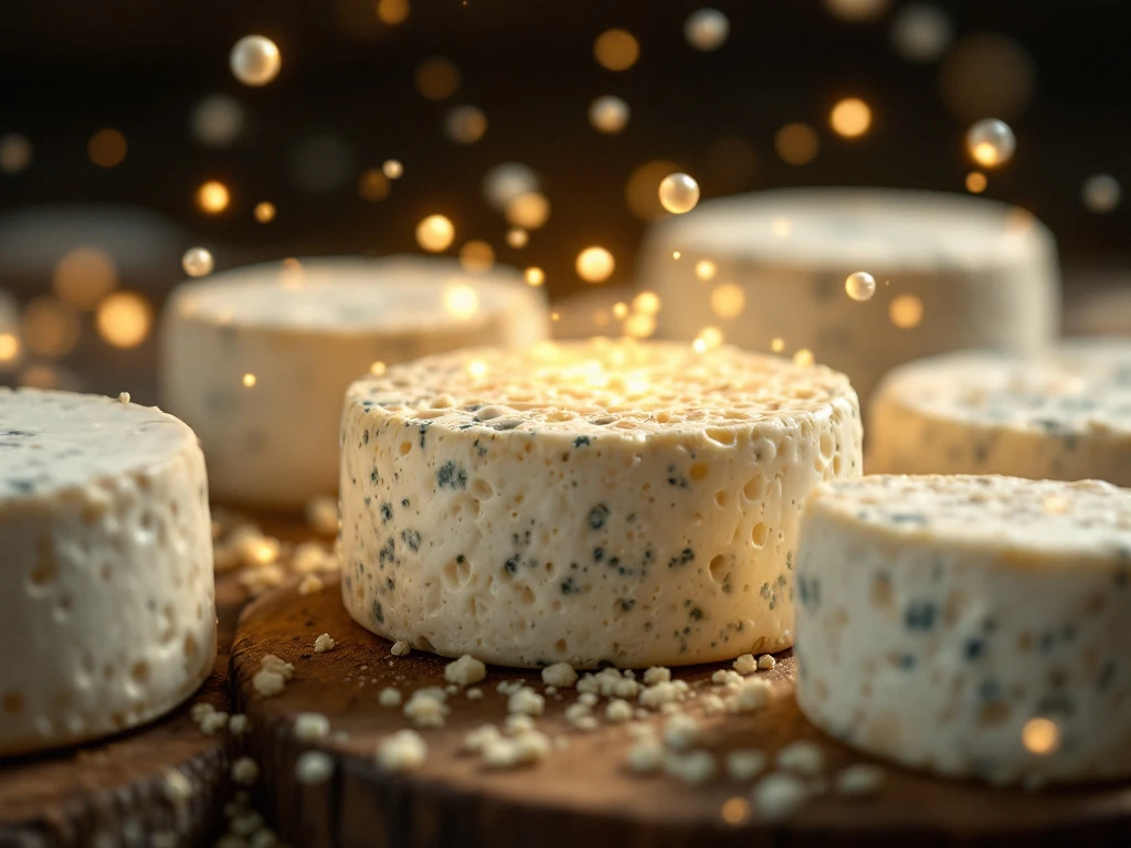 Artisanal goat cheese wheels aging on wooden boards with natural mold patterns and glowing bacteria cultures in warm lighting.