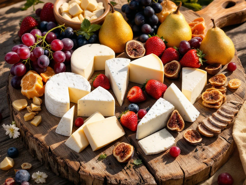 Artisanal goat cheese board with fresh grapes, pears, strawberries and figs on rustic wooden planks