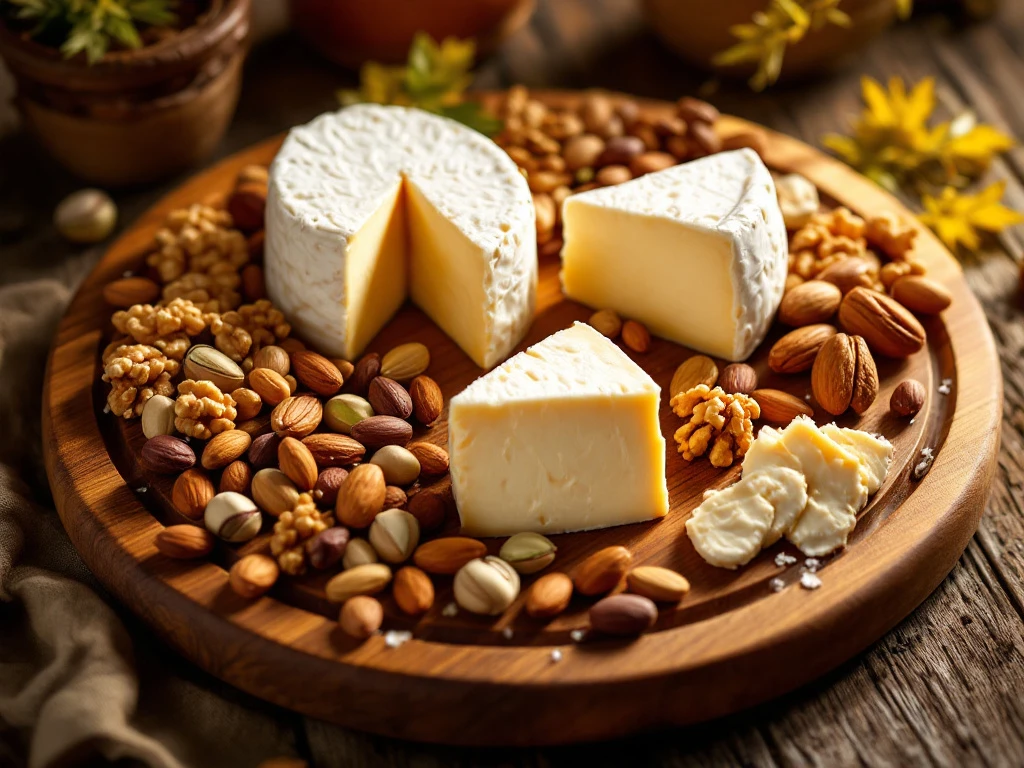 Artisanal goat cheese wheels and wedges arranged on wooden board with walnuts, almonds, pistachios, and hazelnuts