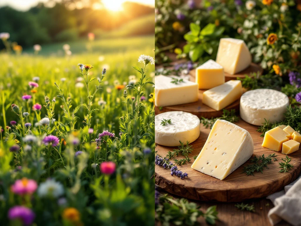 Artisanal goat cheese wheels and wedges on wooden boards with fresh herbs, transitioning to lush green pasture with wildflowers.