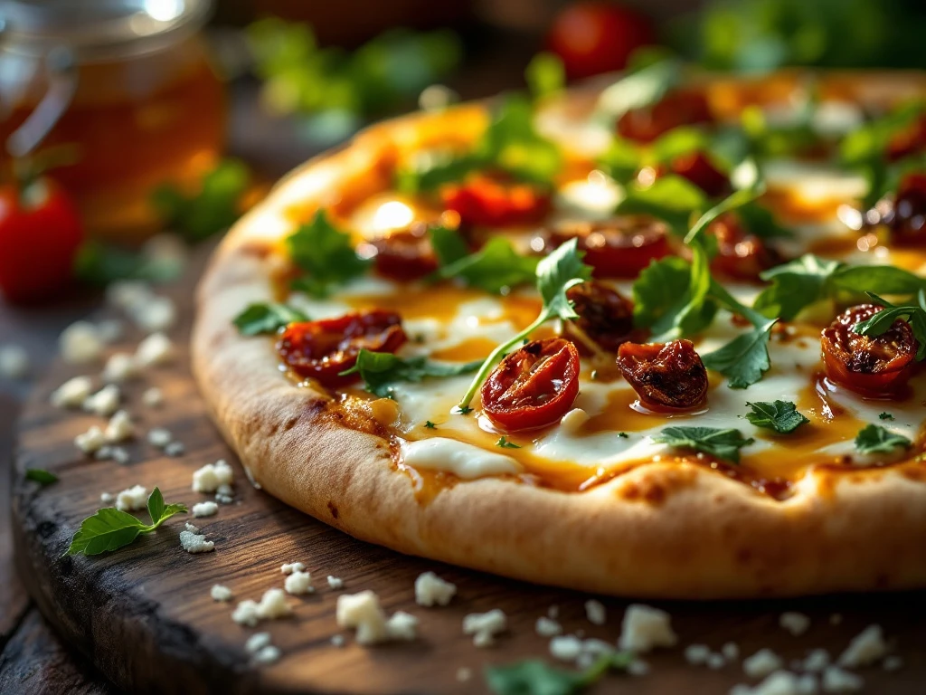 artisanal-goat-cheese-pizza-recipe-closeup.jpg Artisanal goat cheese pizza with caramelized onions, arugula, and sun-dried tomatoes on rustic wooden board