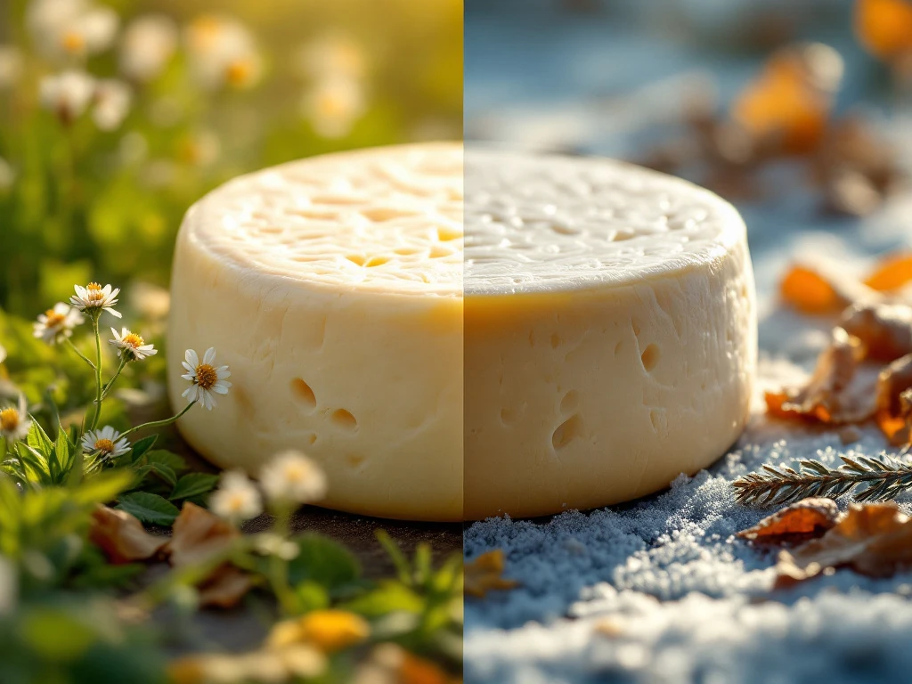 Artisanal goat cheese wheel displayed in split seasonal scene with spring flowers on left and autumn frost on right