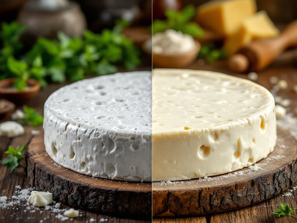 Two artisanal goat cheese wheels on wooden boards showing unpasteurized and pasteurized varieties with herbs and tools