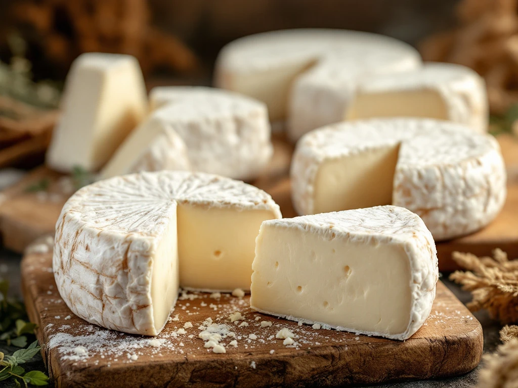 Artisanal Goat Cheese Wheels With White Rinds On Wooden Boards, One Cut Showing Creamy Interior Texture