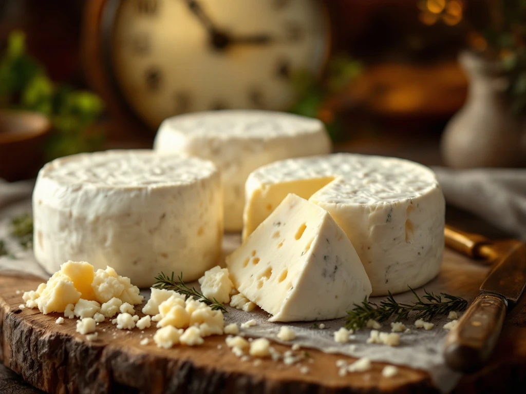 Artisanal goat cheese wheels and crumbles on rustic wooden board with herbs and vintage knife in golden lighting
