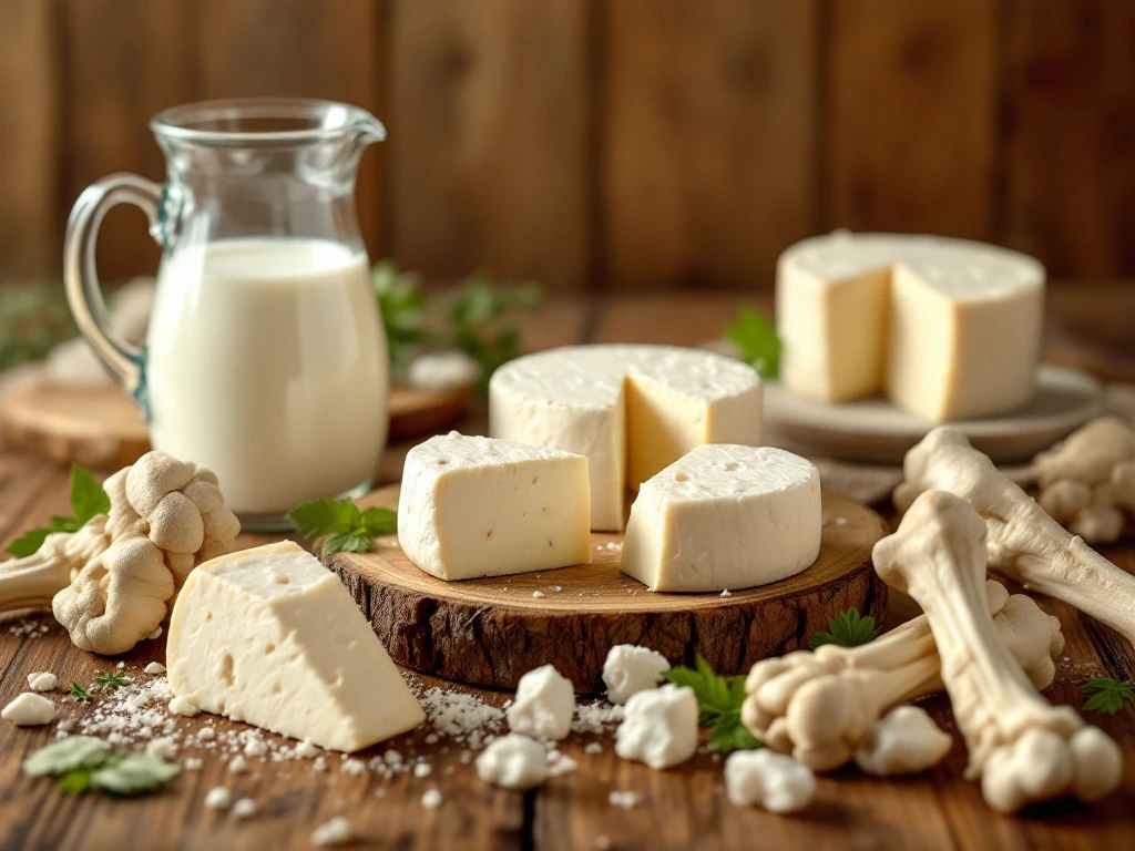 White Goat Cheese Wheels And Wedges On Wooden Boards With Milk Pitchers And Bones, Highlighting Dairy Nutrition Benefits