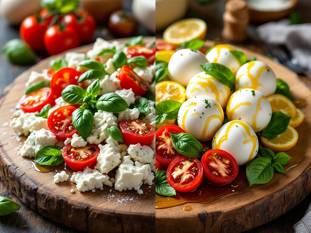 Two caprese salads on wooden boards comparing goat cheese crumbles and mozzarella with tomatoes, basil, and olive oil