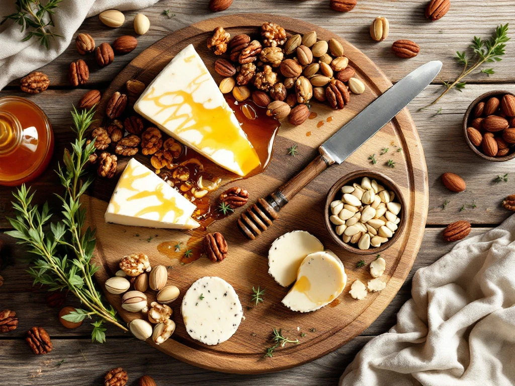 Artisanal wooden cheese board with goat cheese wedges, walnuts, pistachios, pecans, almonds, fresh herbs and honey drizzle