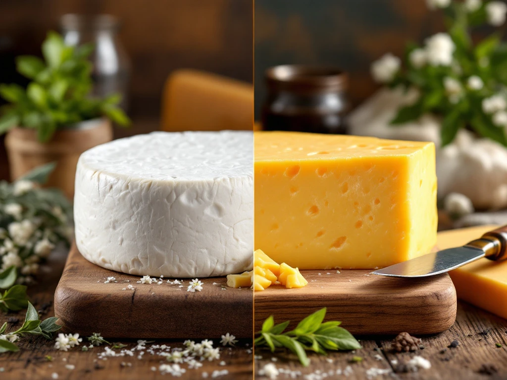 Fresh white goat cheese wheel and aged golden cheddar block on wooden cutting boards with herbs and vintage knife