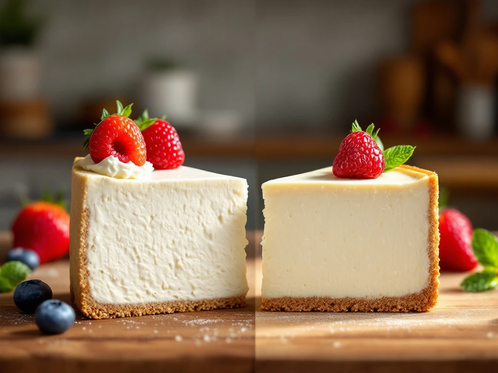 Two Cheesecake Slices On Wooden Board Comparing White Cream Cheese And Ivory Goat Cheese Fillings With Graham Crusts