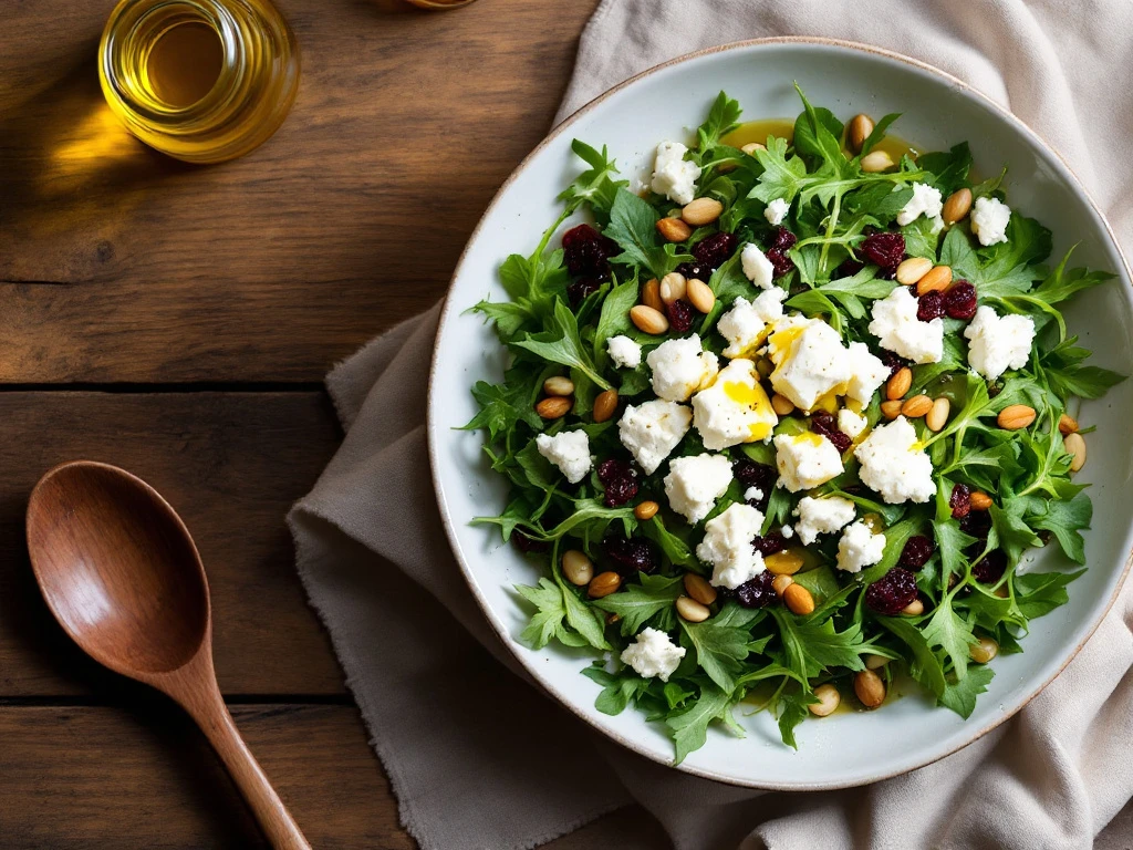 Goat cheese and arugula salad with pine nuts and cranberries in ceramic bowl on rustic wooden table, drizzled with olive oil