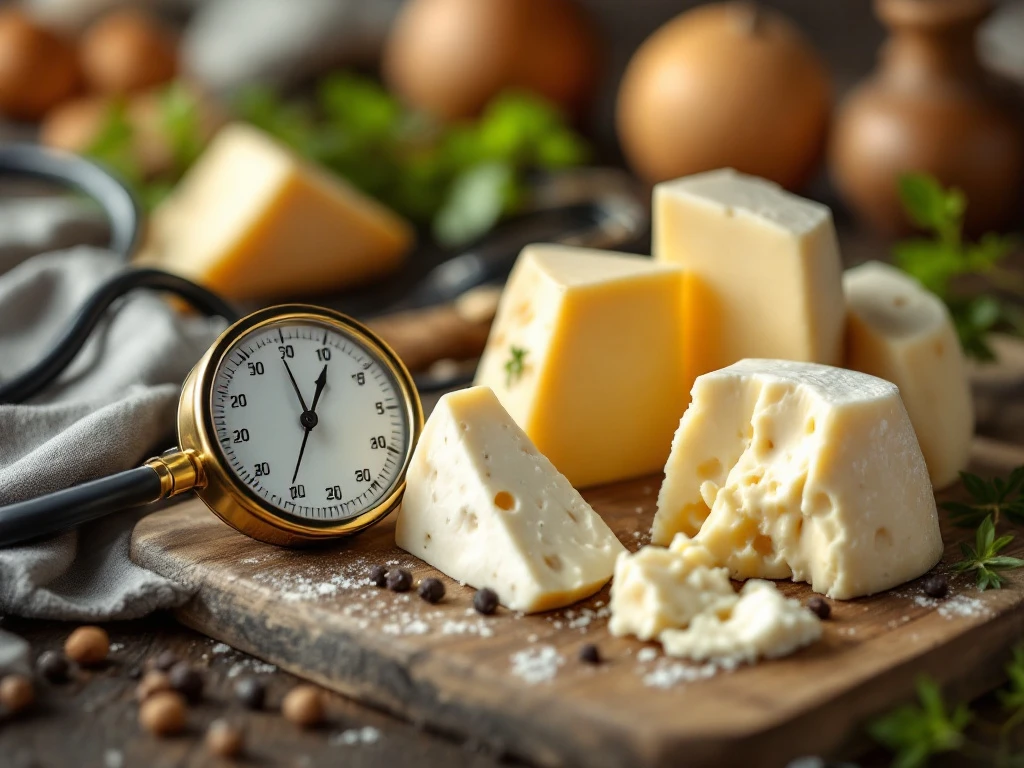 Creamy white goat cheese wedges on wooden cutting board with vintage brass blood pressure monitor and fresh herbs