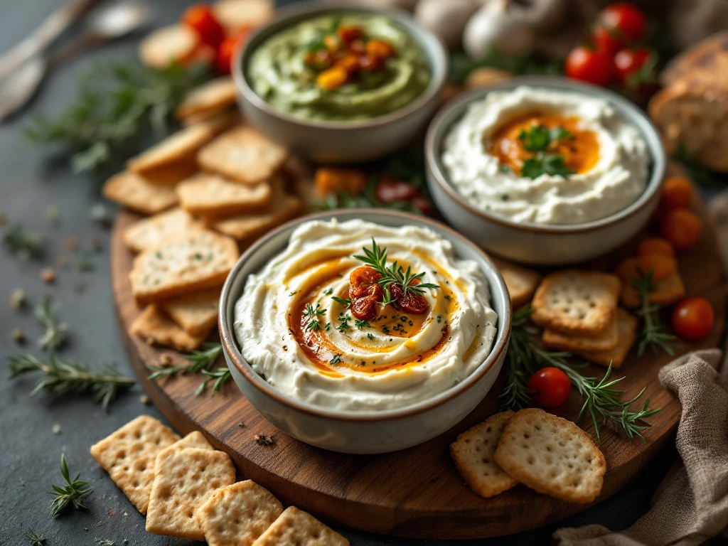 Overhead view of three goat cheese dips in white, green, and orange with crackers, vegetables, and bread on wooden board