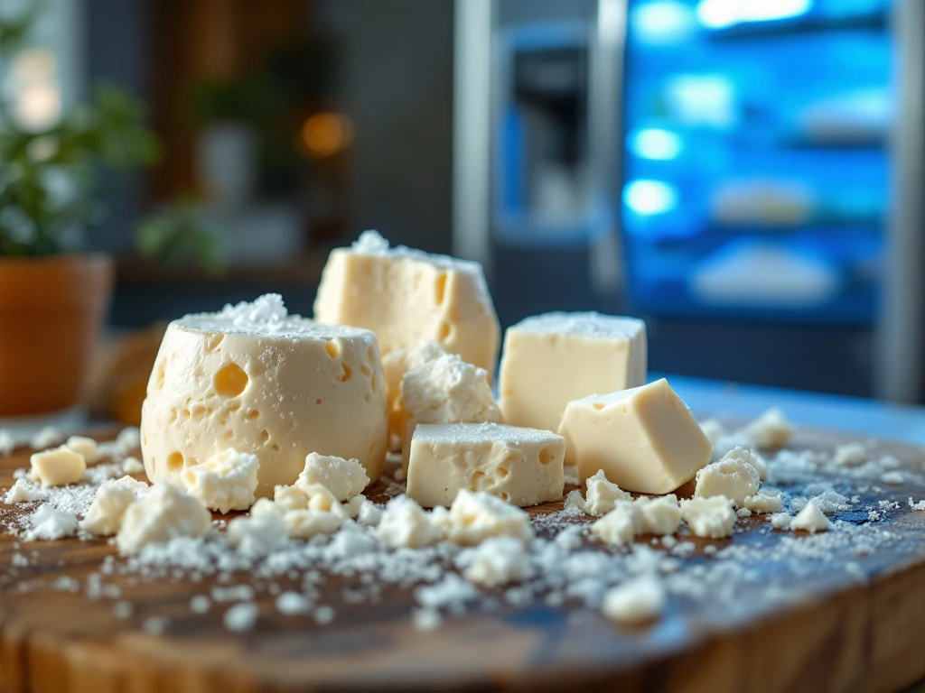 frozen-goat-cheese-storage-guide-thumbnail.jpg Frozen goat cheese wheels with ice crystals on wooden cutting board near open refrigerator freezer with blue light