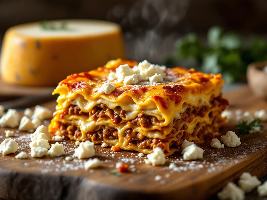 Golden-brown Lasagna Slice With Melted Goat Cheese Layers On Wooden Cutting Board, Steam Rising, Cheese Wheel In Background