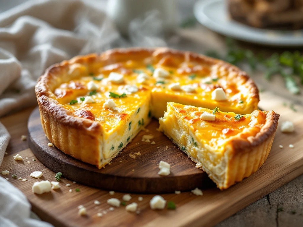 Golden-brown goat cheese quiche with flaky crust on wooden board, one slice removed showing creamy custard filling