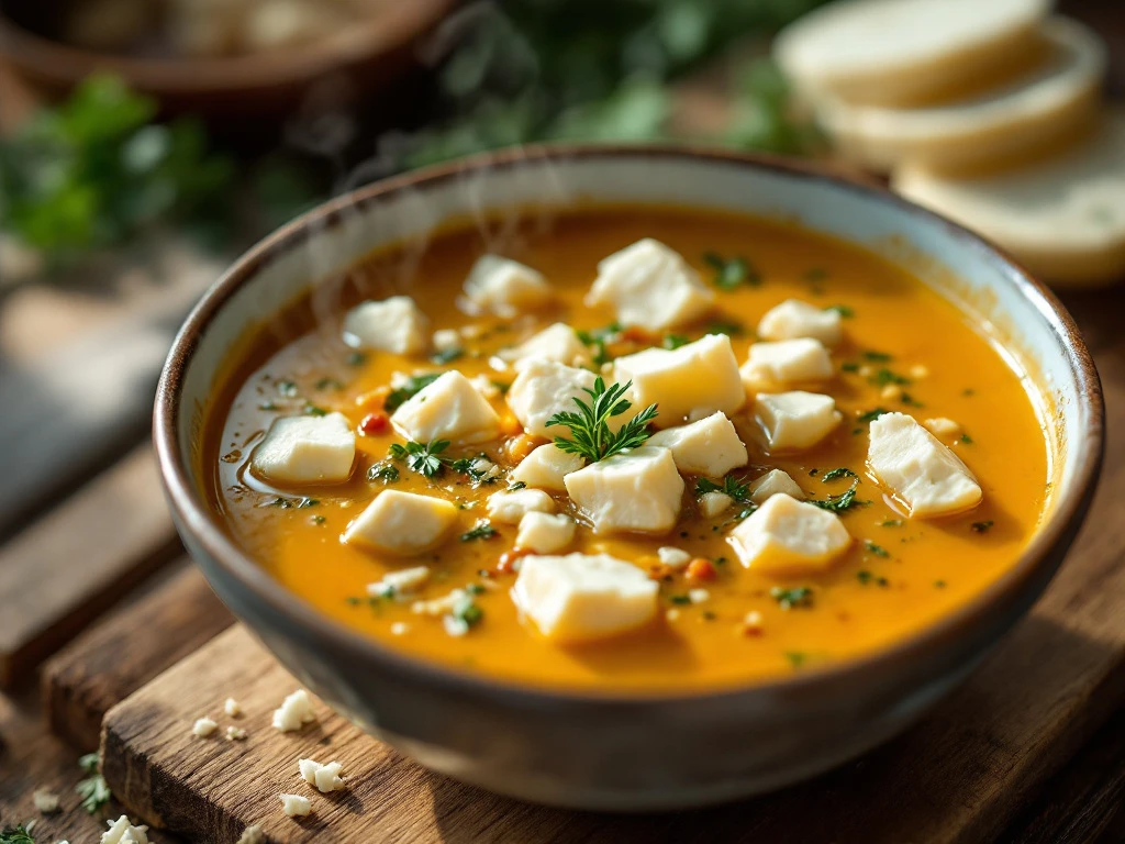 Steaming bowl of golden soup with melted goat cheese chunks, herbs, and vegetables on rustic wooden table