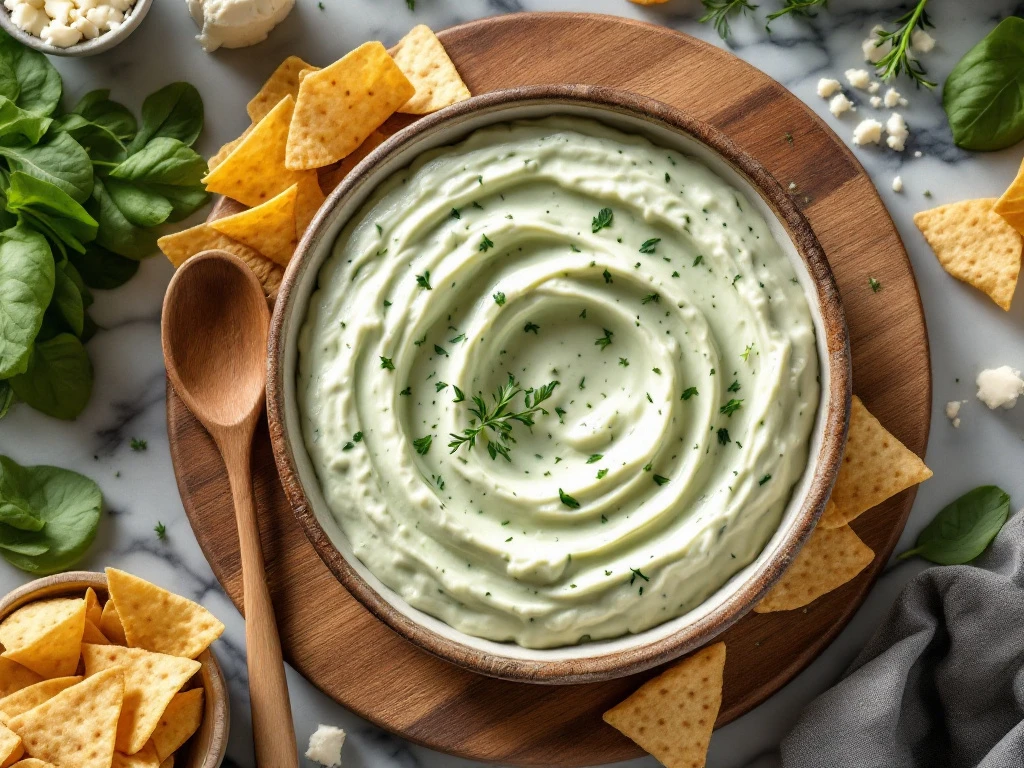 Creamy goat cheese spinach dip in ceramic bowl with tortilla chips and crackers on rustic wooden board
