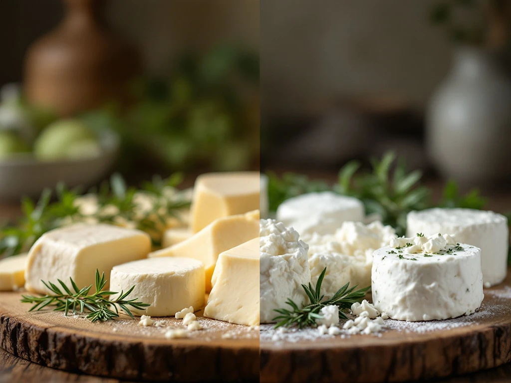 Goat Cheese And Substitute Cheeses Including Ricotta, Cream Cheese, And Feta Arranged On Wooden Boards With Fresh Herbs