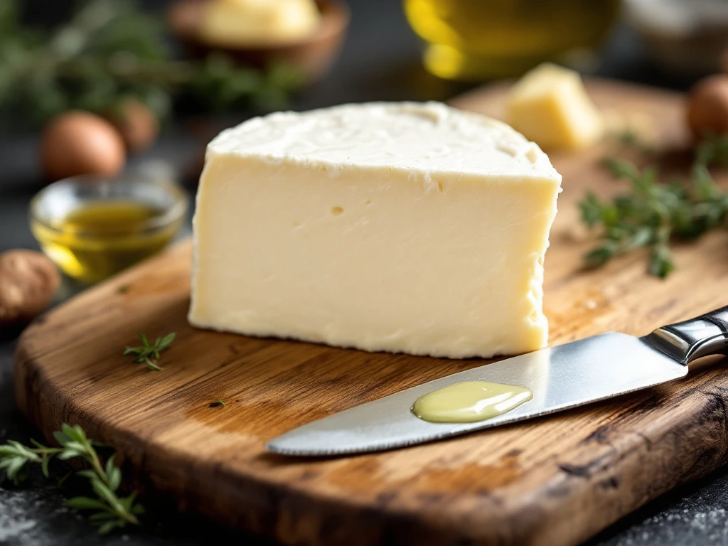 goat-cheese-cutting-board-knife-herbs-kitchen.jpg Wedge of creamy white goat cheese on wooden cutting board with steel knife, olive oil, butter, and fresh thyme herbs