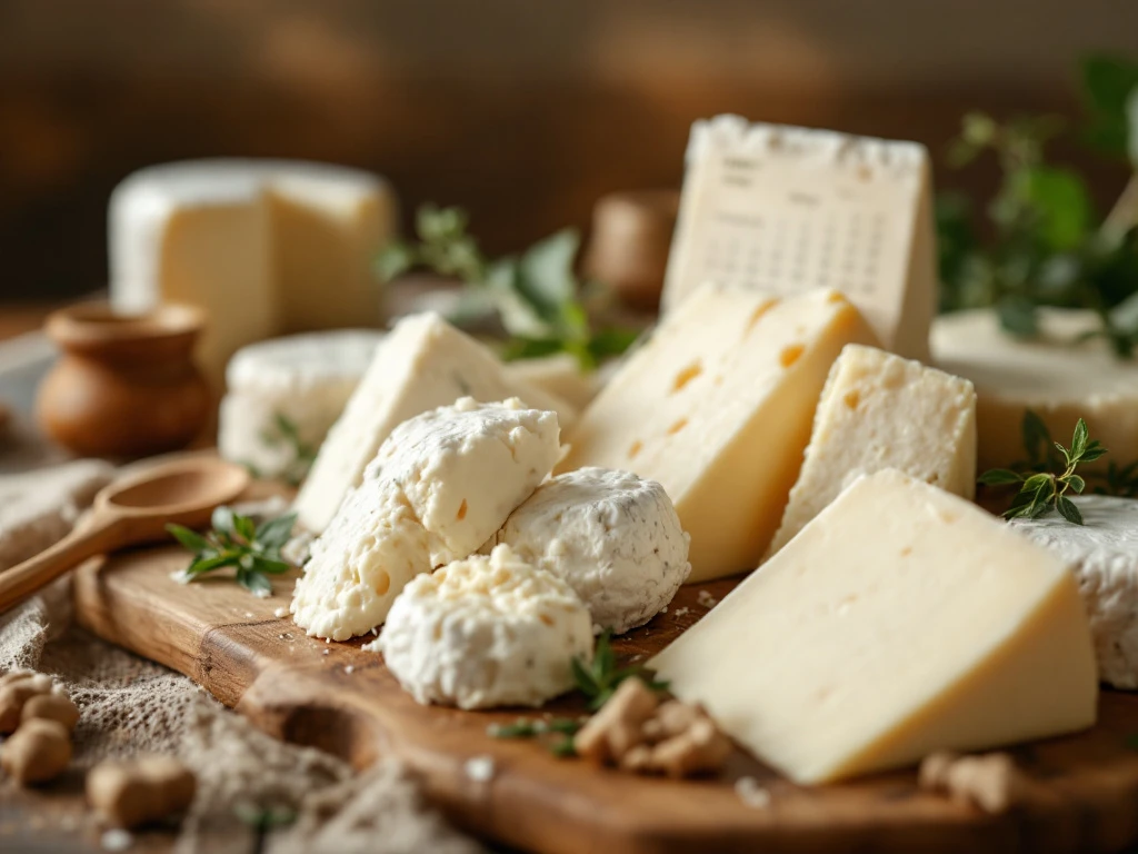 Premium Goat Cheese Wheels And Wedges On Rustic Wooden Board With Expiration Date Labels And Herb Garnishes