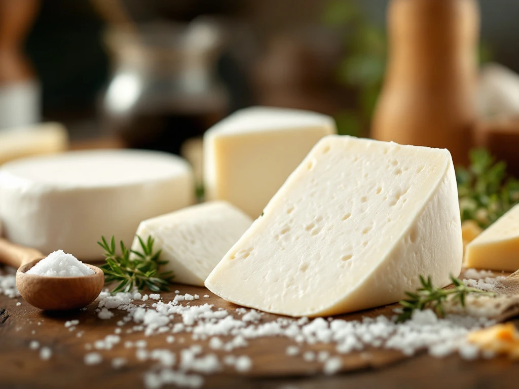 Artisanal white goat cheese wheels and wedges on rustic wooden cutting board with sea salt crystals and fresh thyme