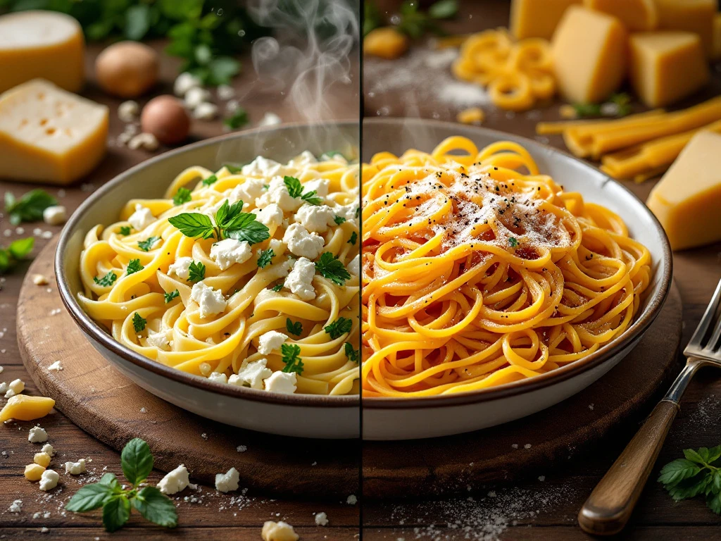 Two steaming pasta bowls on wooden table: creamy fettuccine with goat cheese and herbs, golden spaghetti with parmesan.