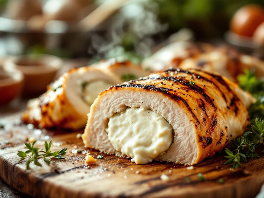 Sliced chicken breast stuffed with goat cheese on wooden cutting board with fresh herbs and golden seared exterior