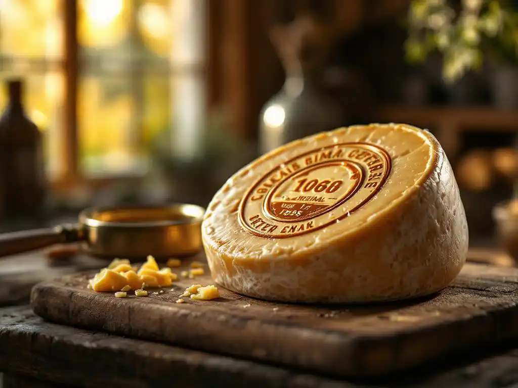 Aged artisanal cheese wheel with certification seal on wooden cutting board, magnifying glass examining details