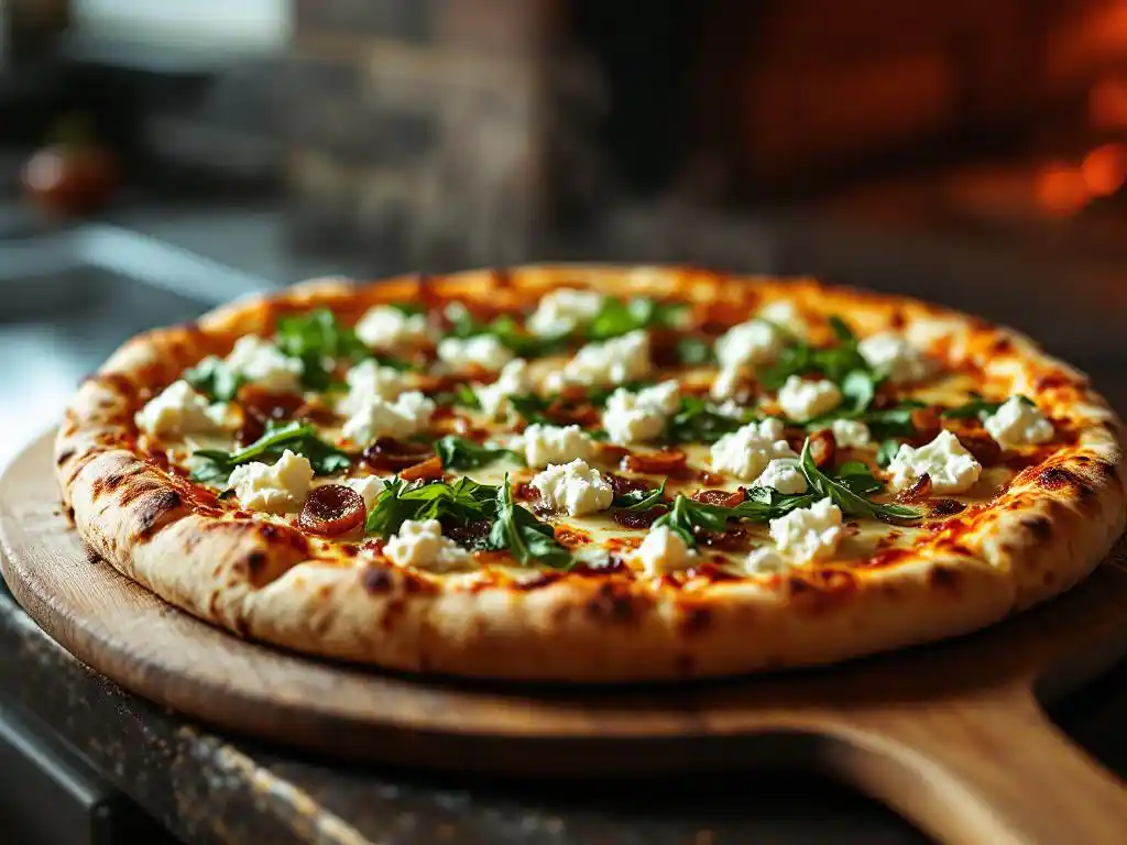 Artisan goat cheese pizza with arugula and caramelized onions on wooden peel, golden crust with melted cheese bubbling