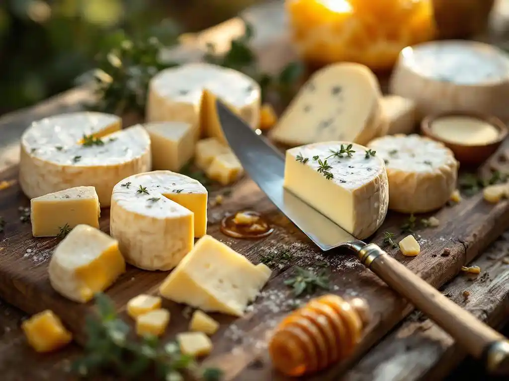 Artisanal goat cheese wheels and logs on rustic wooden board with cheese knife, fresh herbs, and honeycomb in warm lighting