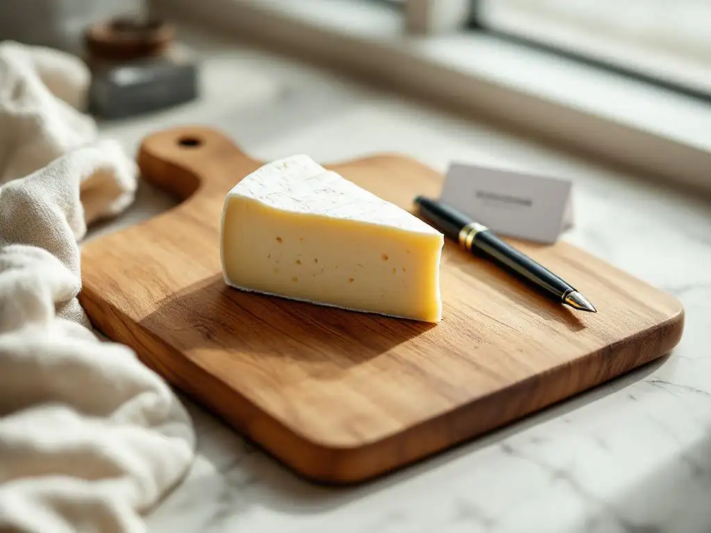 Artisanal goat cheese wedge with white rind on rustic wooden cutting board beside business card and fountain pen