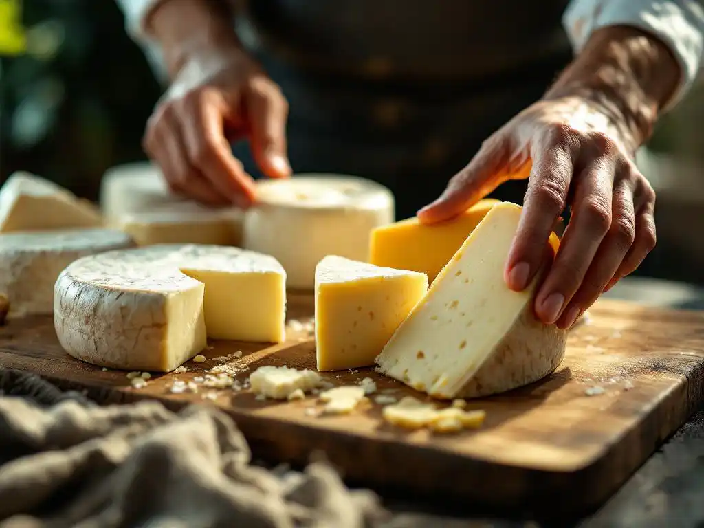 Professional cheese expert examining artisanal goat cheese wheels from fresh white chèvre to aged golden varieties on wooden board