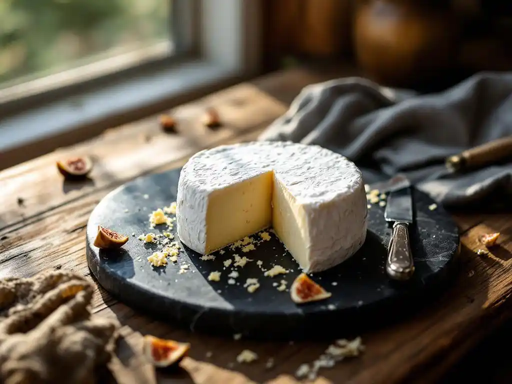 Artisanal goat cheese wheel with white rind on dark marble board, silver knife and dried figs on wooden table