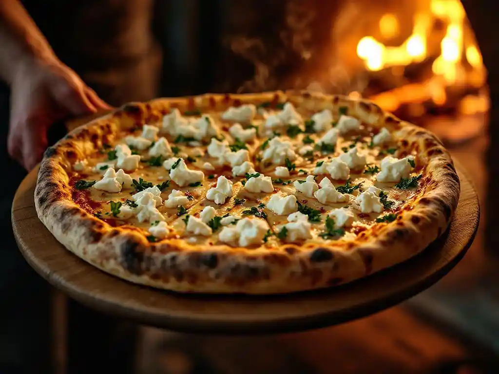 artisanal-goat-cheese-pizza-rustic-wooden-peel.jpg Golden-brown artisanal pizza with melted goat cheese and fresh herbs on wooden peel, steam rising from hot crust
