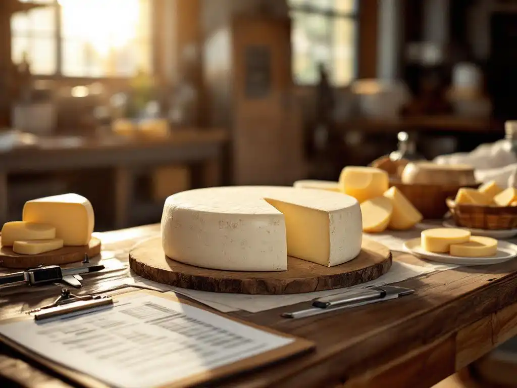 Artisanal goat cheese wheel on wooden table with digital calipers and quality control charts in golden hour lighting.