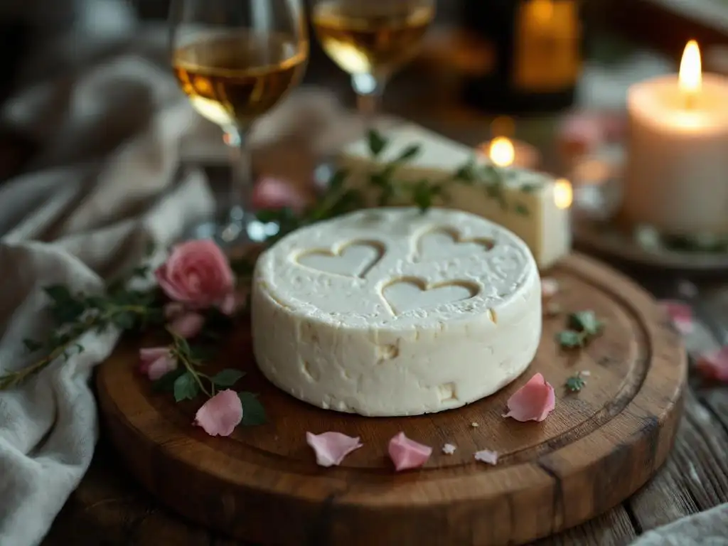 Artisanal goat cheese wheel with heart indentations on wooden cutting board, herb garnish, wine glasses and candlelight
