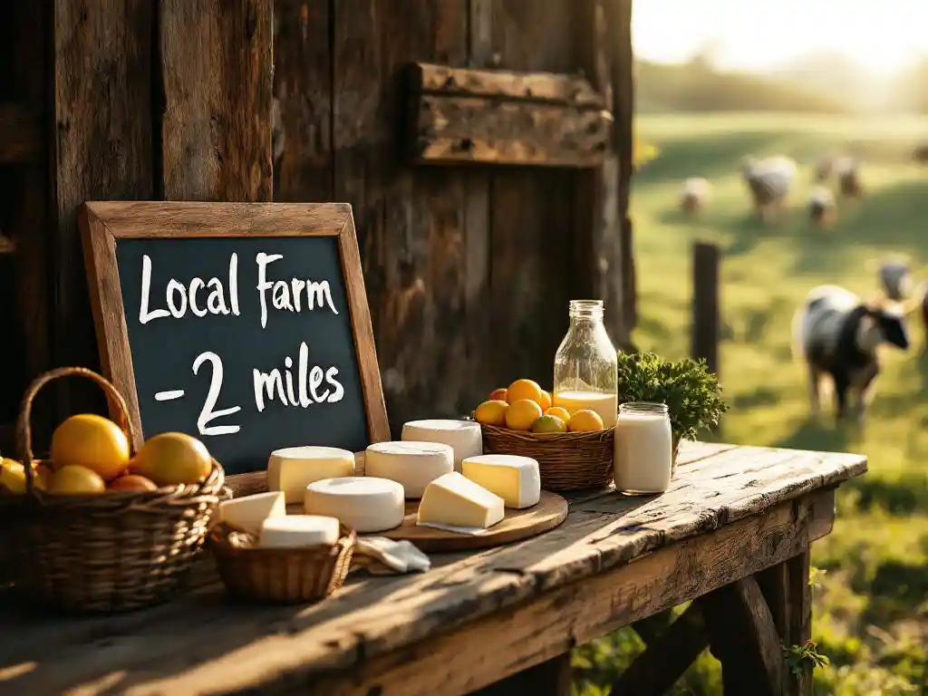 Artisanal goat cheese wheels on rustic wooden farmstand table with chalkboard sign, seasonal produce baskets, and grazing goats.