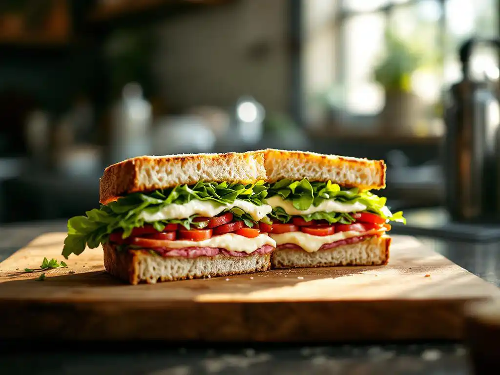 Artisanal sandwich cut in half showing layers of creamy goat cheese and fresh ingredients on wooden cutting board