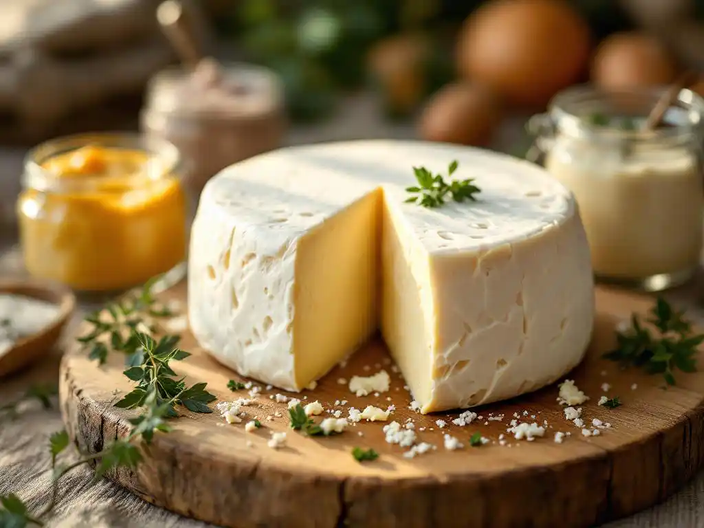 Artisanal goat cheese wheel with white rind and glass jars of cheese spreads on rustic wooden board with fresh herbs