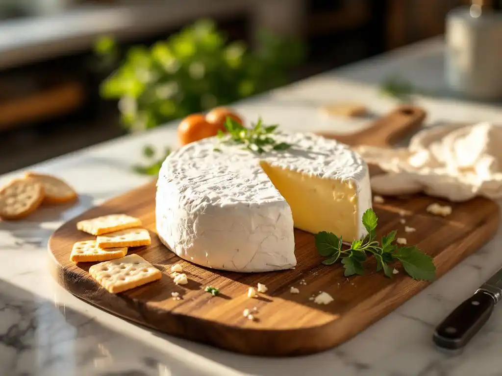 Artisanal goat cheese wheel with cut wedge on wooden cutting board, surrounded by fresh herbs and crackers on marble counter
