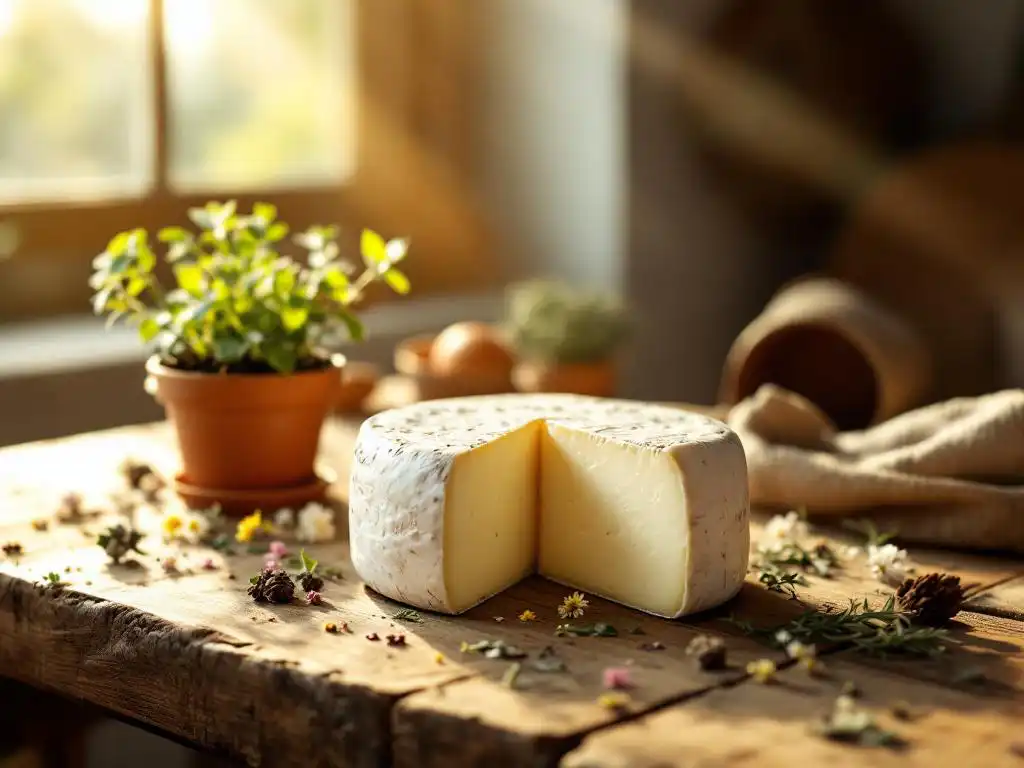 Artisanal goat cheese wheel with natural rind on rustic wooden table, surrounded by fresh herbs and wildflowers in sunlight