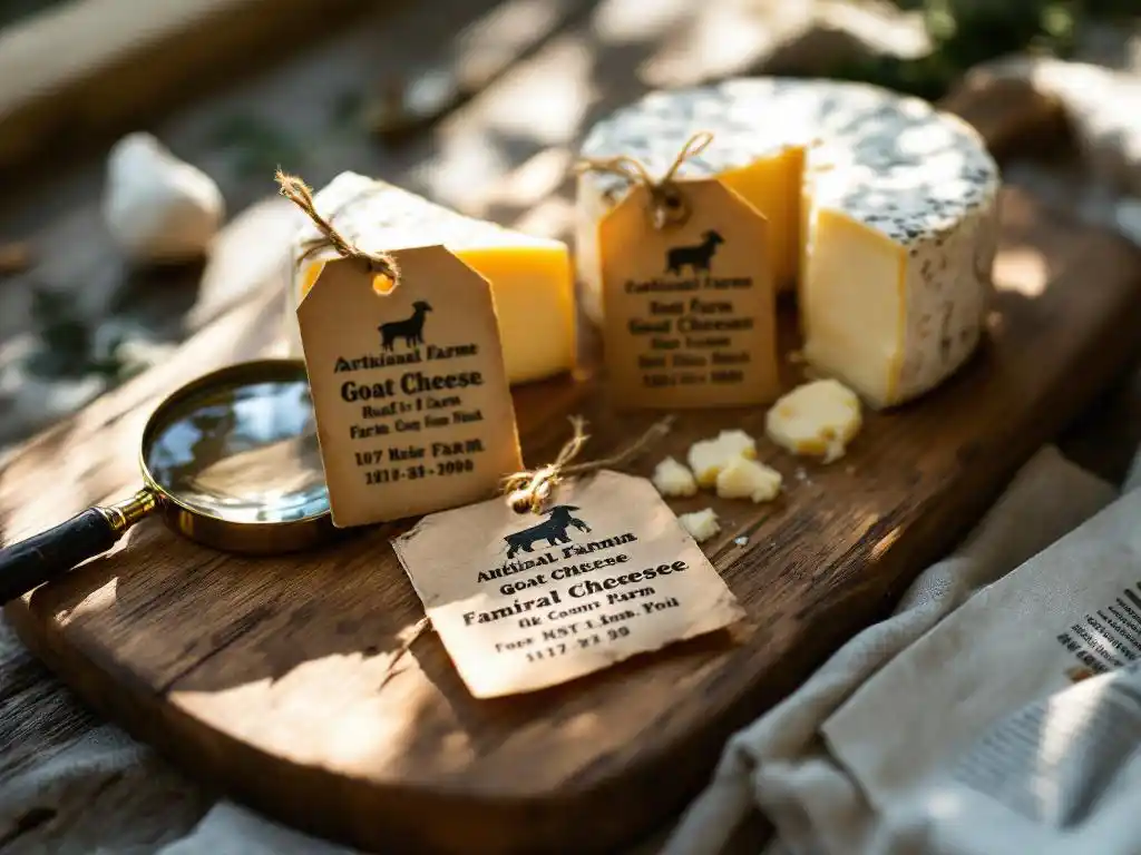 Artisanal goat cheese wheels with handwritten farm tags on rustic wooden cutting board, vintage magnifying glass nearby
