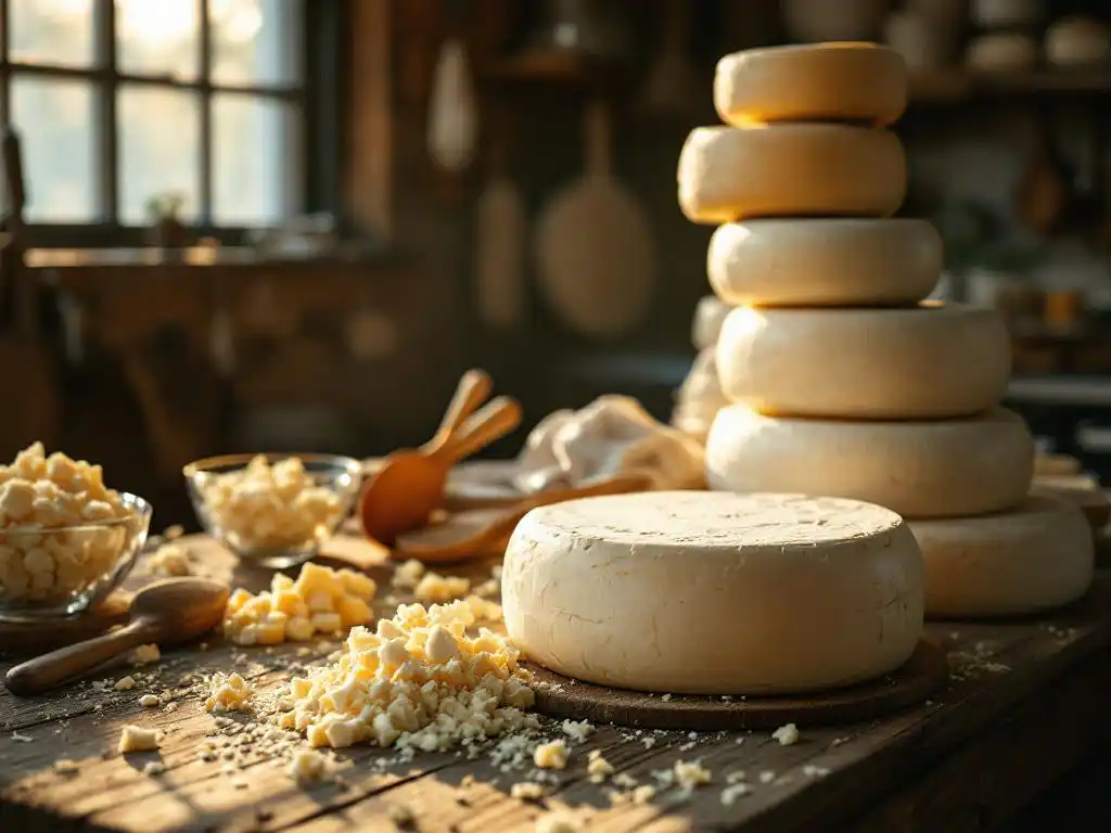 Aged goat cheese wheels and fresh crumbled cheese on rustic wooden table with artisanal cheese-making tools in farmhouse kitchen