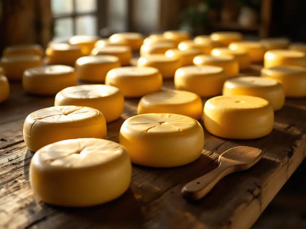 Artisanal goat cheese wheels arranged on rustic wooden table with traditional cheese paddle in warm farmhouse lighting