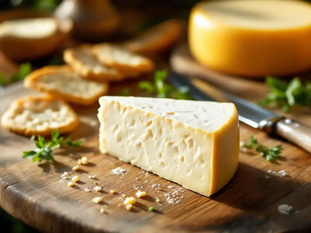 Artisanal goat cheese wedge and yellow cow cheese wheel on rustic wooden cutting board with knife, herbs and crackers