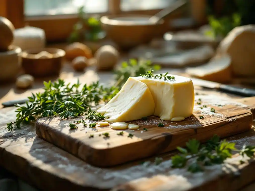 baked-goat-cheese-rustic-wooden-board-herbs.jpg Melted goat cheese wedge with fresh herbs on wooden cutting board in warm kitchen setting with baking tools