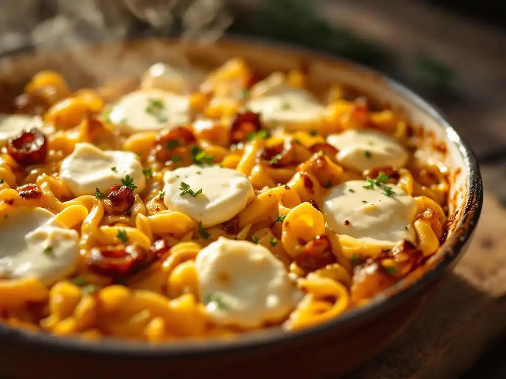 baked-pasta-goat-cheese-caramelized-onions-dish.jpg Golden-brown baked pasta with melted goat cheese and caramelized onions steaming in ceramic dish on wooden counter