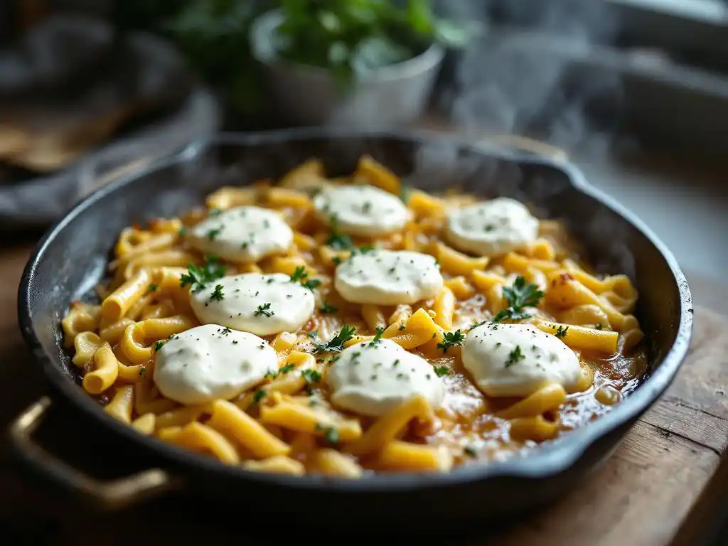 Bubbling pasta with melted goat cheese in cast iron skillet on wooden counter, steam rising from golden-brown cheese