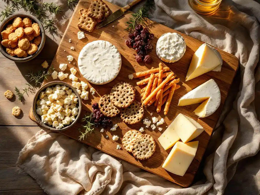Rustic wooden charcuterie board with creamy goat cheese wheels, artisanal crackers, and gourmet foods in warm lighting.